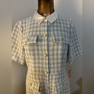 Nanette Lepore Blue and White Tweed Pearl-Button Short-Sleeve Coat Dress